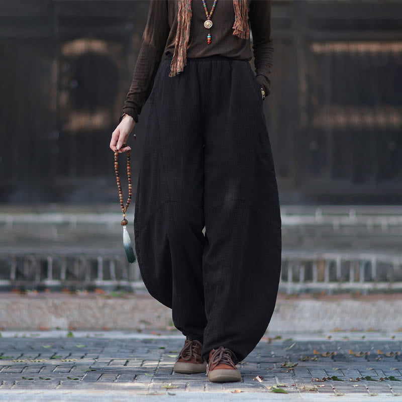 Winter Elastic Waist Ramie Cotton Thermal Women's Pants With Pockets