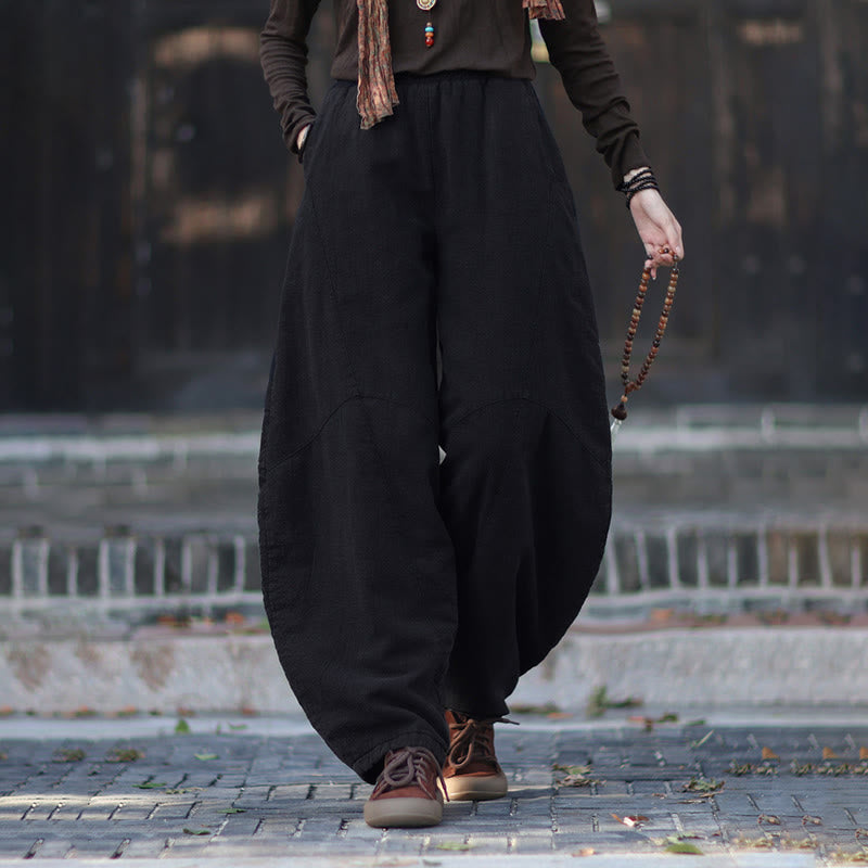 Winter Elastic Waist Ramie Cotton Thermal Women's Pants With Pockets