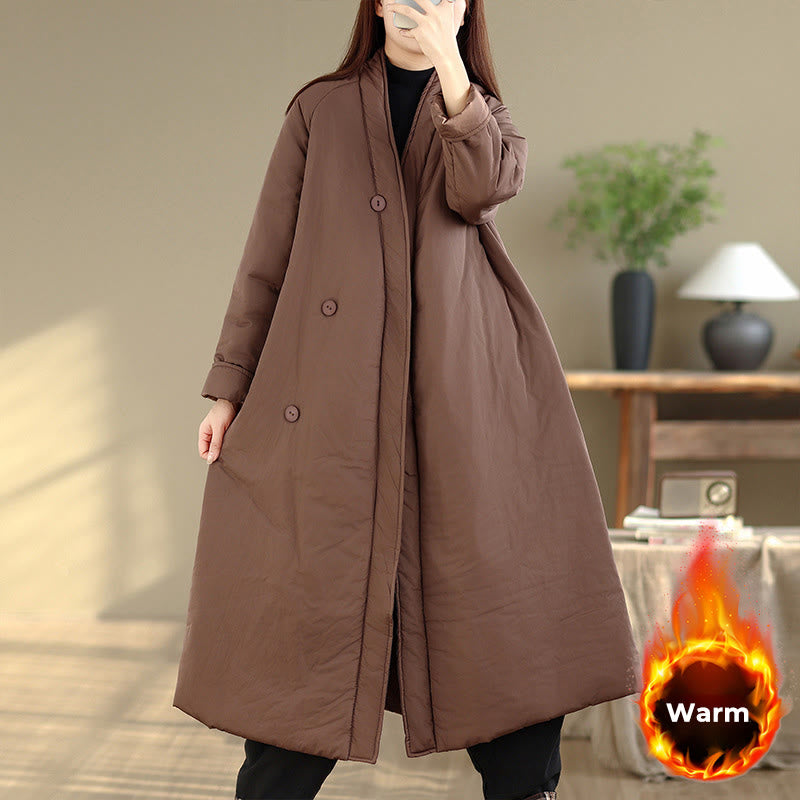 Winter V-Neck Buttons Long Sleeve Thermal Women's Cotton Coat With Pockets