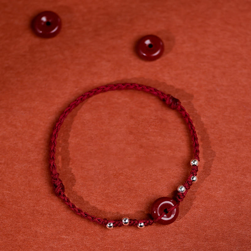 Handmade Cinnabar & Sterling Silver Ping An Kou Adjustable Red String Bracelet Anklet