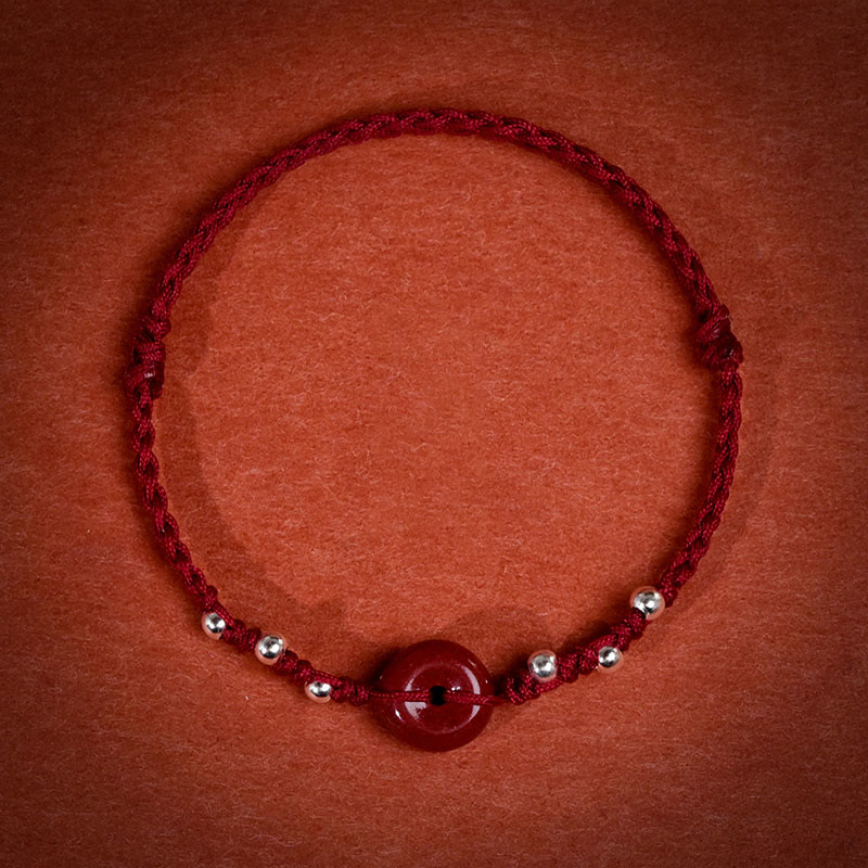 Handmade Cinnabar & Sterling Silver Ping An Kou Adjustable Red String Bracelet Anklet