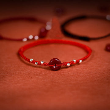 Handmade Cinnabar & Sterling Silver Ping An Kou Adjustable Red String Bracelet Anklet