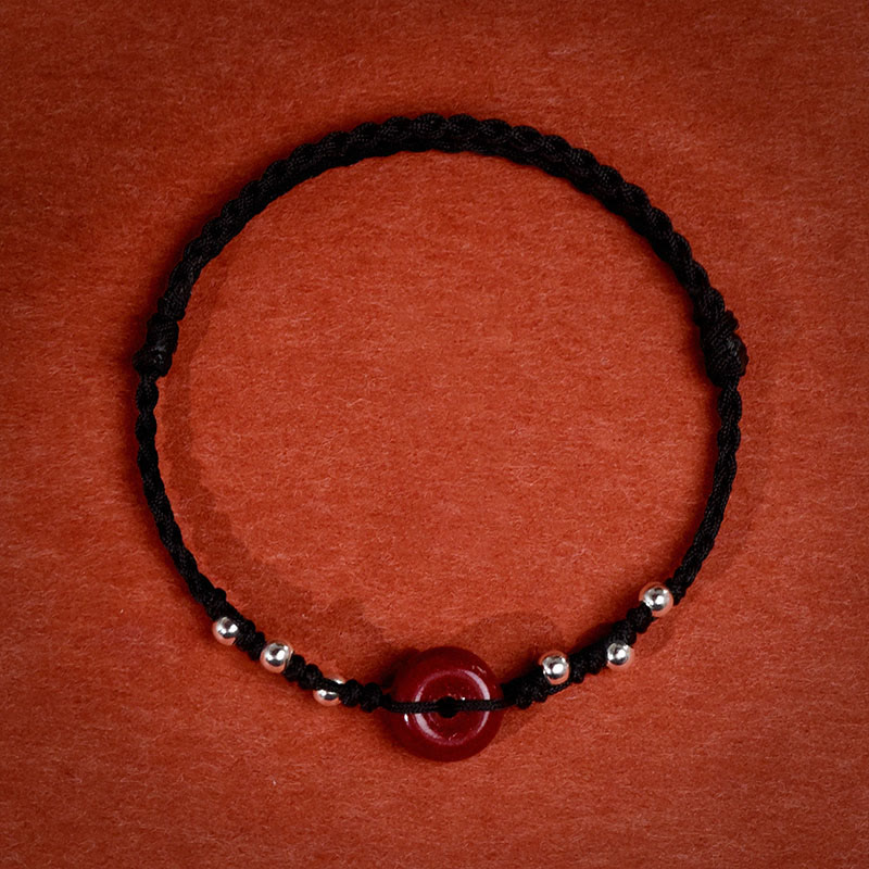 Handmade Cinnabar & Sterling Silver Ping An Kou Adjustable Red String Bracelet Anklet