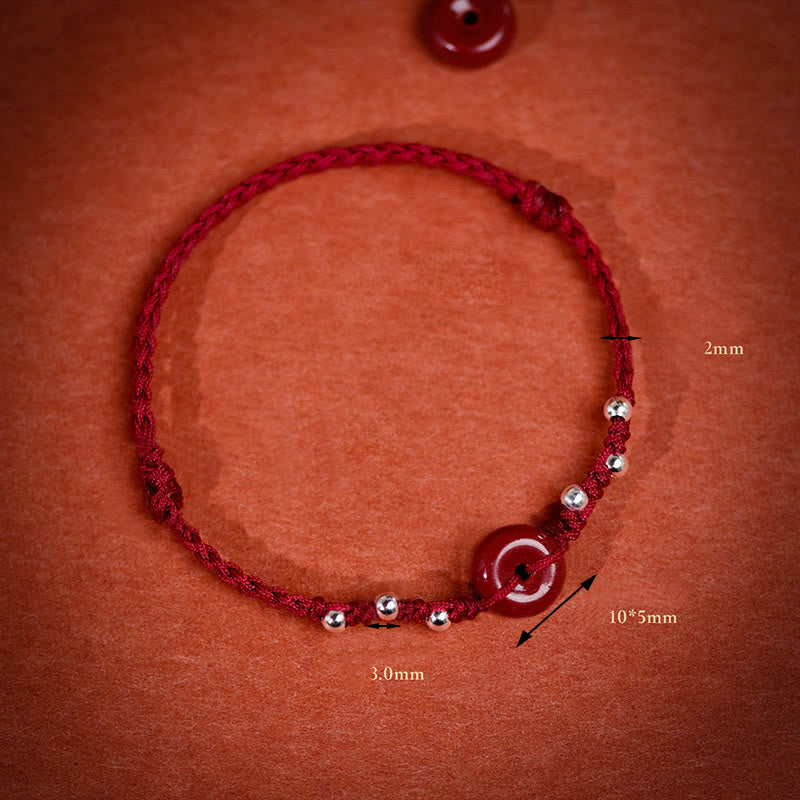 Handmade Cinnabar & Sterling Silver Ping An Kou Adjustable Red String Bracelet Anklet