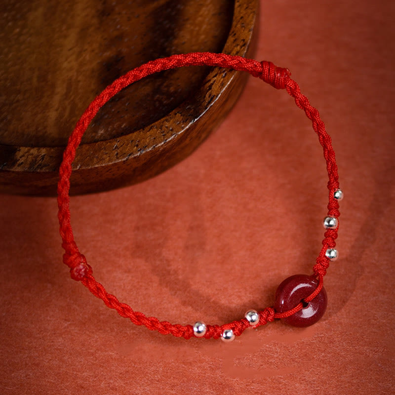 Handmade Cinnabar & Sterling Silver Ping An Kou Adjustable Red String Bracelet Anklet