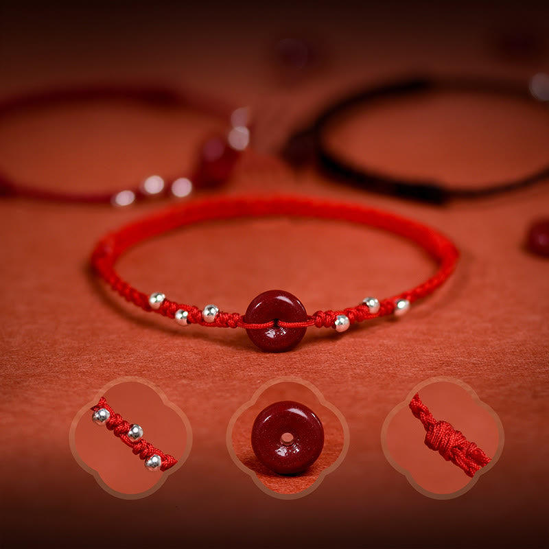 Handmade Cinnabar & Sterling Silver Ping An Kou Adjustable Red String Bracelet Anklet