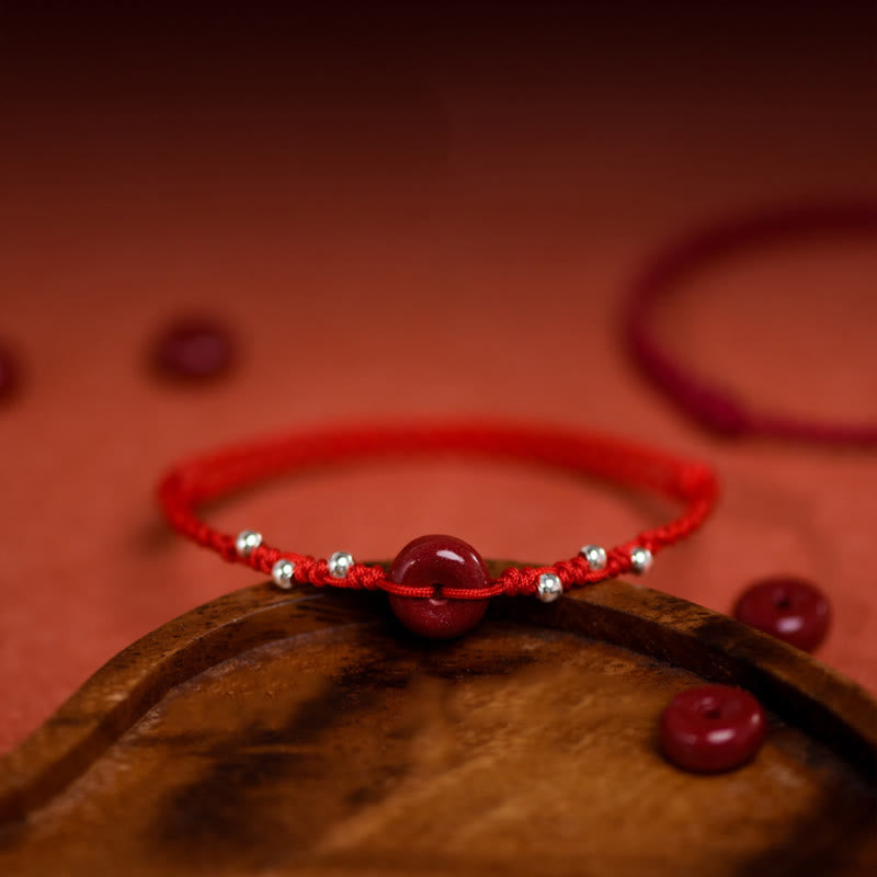 Handmade Cinnabar & Sterling Silver Ping An Kou Adjustable Red String Bracelet Anklet