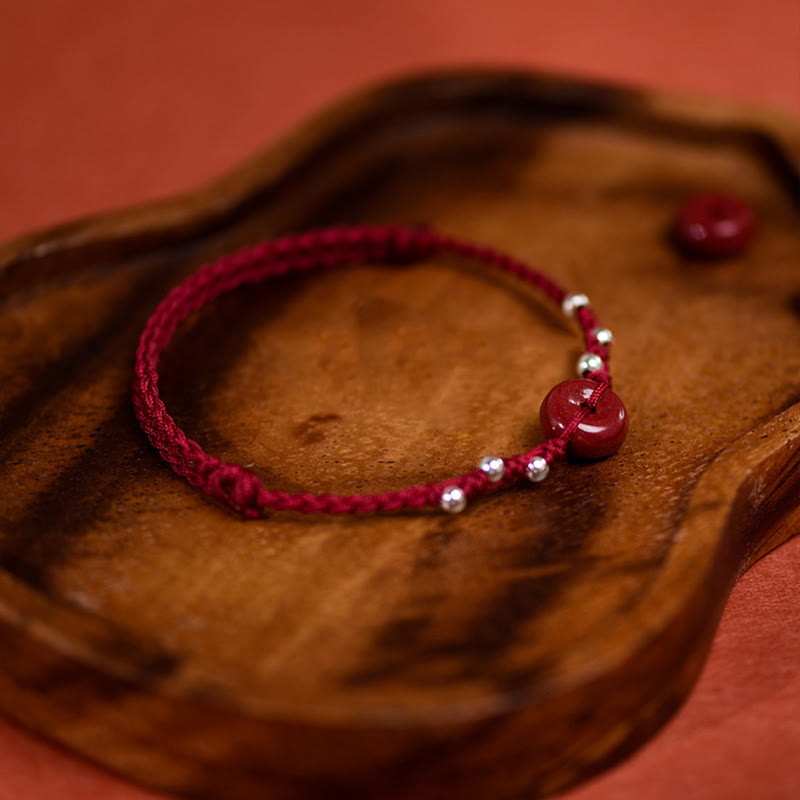 Handmade Cinnabar & Sterling Silver Ping An Kou Adjustable Red String Bracelet Anklet