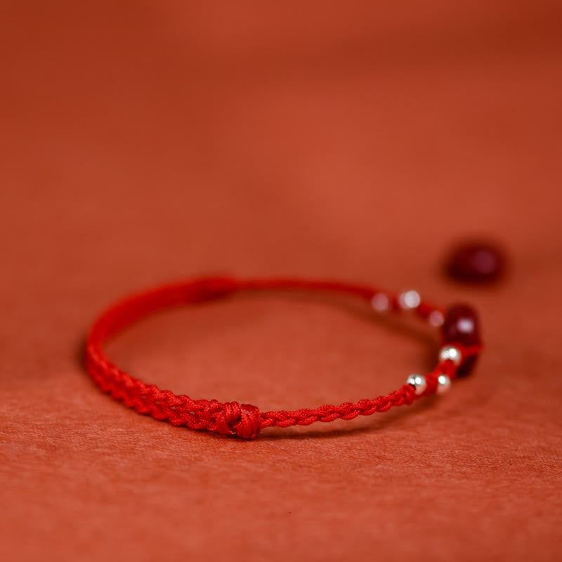 Handmade Cinnabar & Sterling Silver Ping An Kou Adjustable Red String Bracelet Anklet