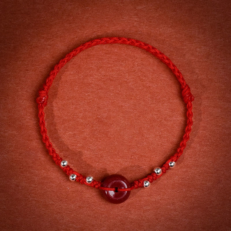 Handmade Cinnabar & Sterling Silver Ping An Kou Adjustable Red String Bracelet Anklet
