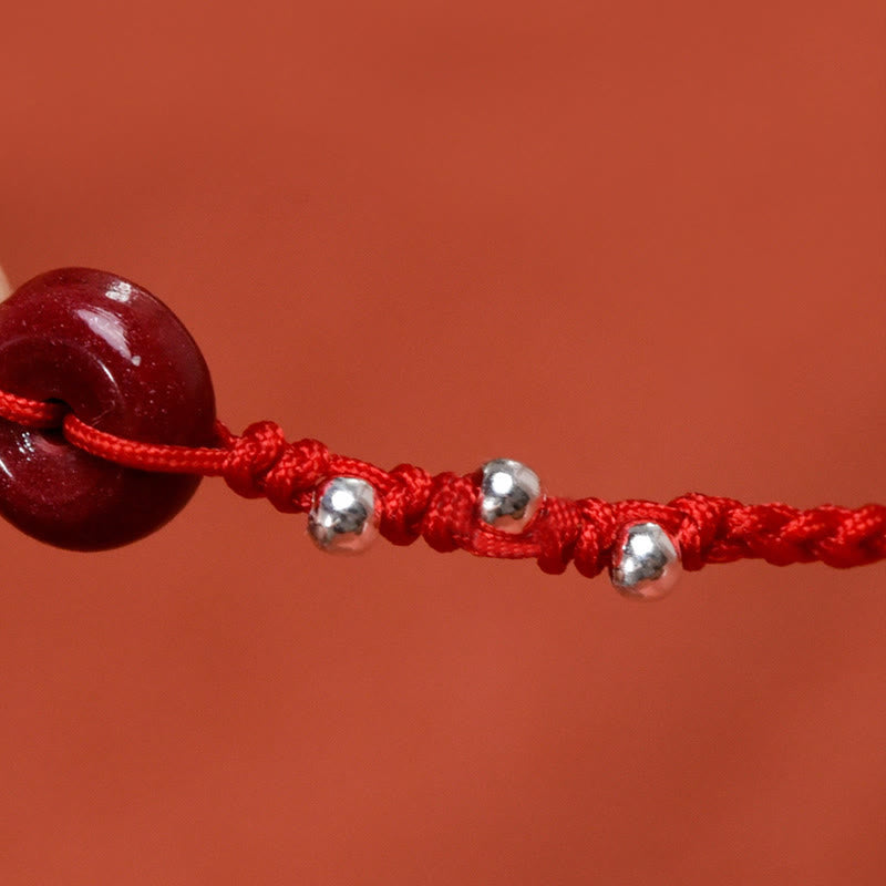 Handmade Cinnabar & Sterling Silver Ping An Kou Adjustable Red String Bracelet Anklet