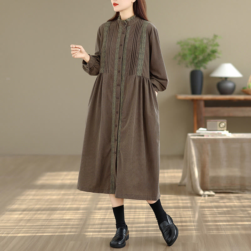 Tactile Pleated Button-Down Long Sleeve Meditation Midi Dress