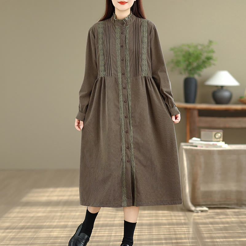 Tactile Pleated Button-Down Long Sleeve Meditation Midi Dress