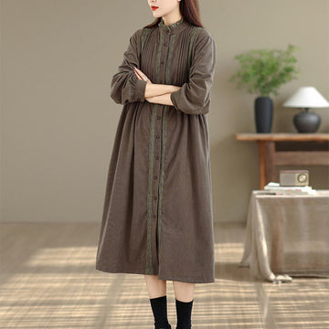 Tactile Pleated Button-Down Long Sleeve Meditation Midi Dress
