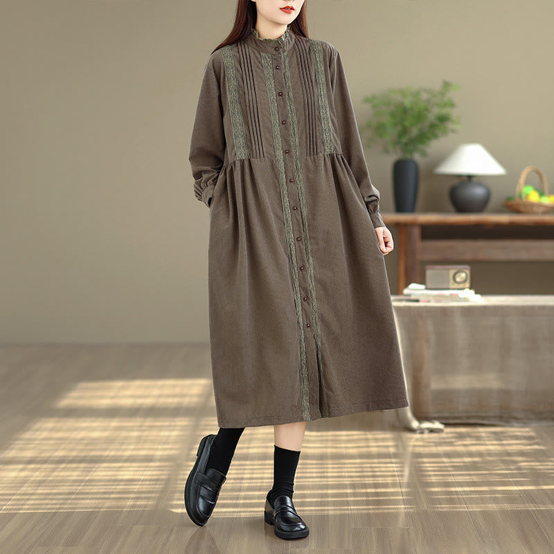Tactile Pleated Button-Down Long Sleeve Meditation Midi Dress