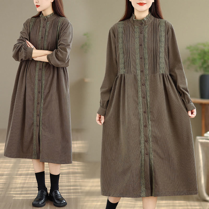 Tactile Pleated Button-Down Long Sleeve Meditation Midi Dress
