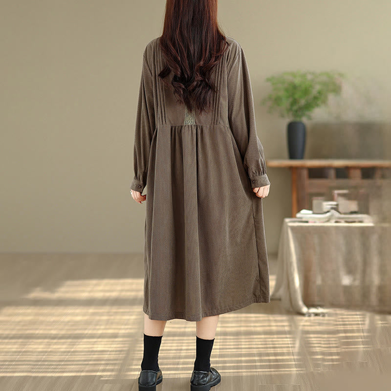 Tactile Pleated Button-Down Long Sleeve Meditation Midi Dress