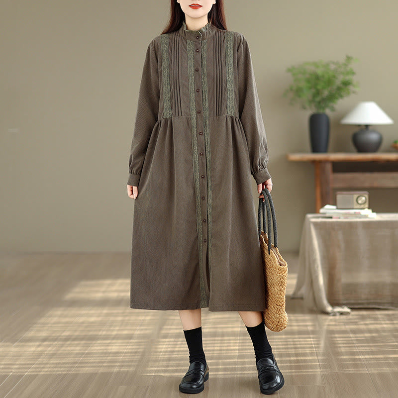 Tactile Pleated Button-Down Long Sleeve Meditation Midi Dress