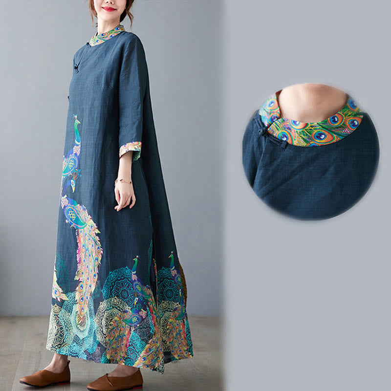 Cotton Mandala Print Stand Collar Three-Quarter Sleeve Midi Dress