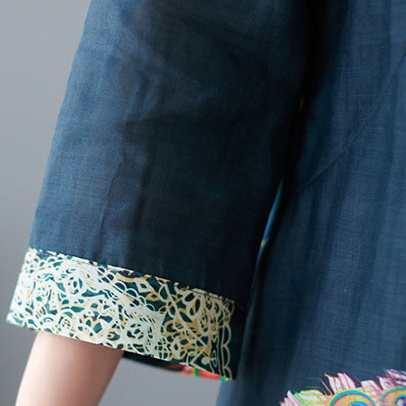 Cotton Mandala Print Stand Collar Three-Quarter Sleeve Midi Dress