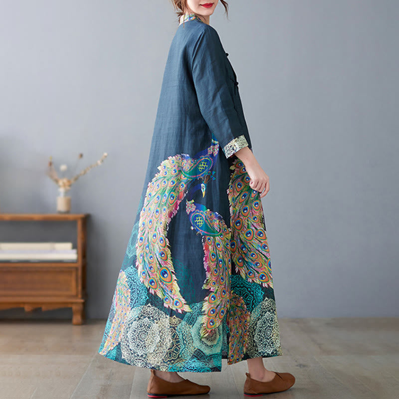 Cotton Mandala Print Stand Collar Three-Quarter Sleeve Midi Dress