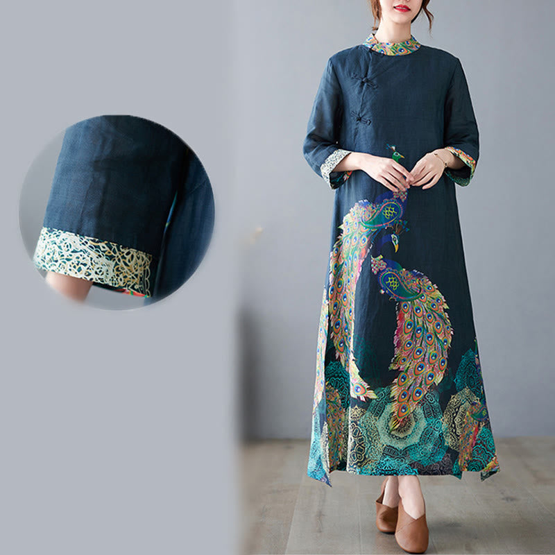 Cotton Mandala Print Stand Collar Three-Quarter Sleeve Midi Dress