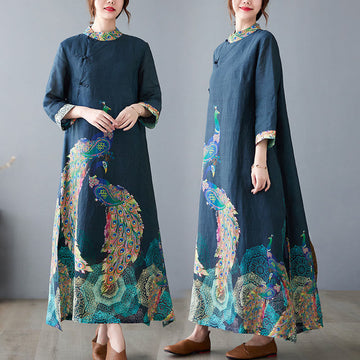 Cotton Mandala Print Stand Collar Three-Quarter Sleeve Midi Dress