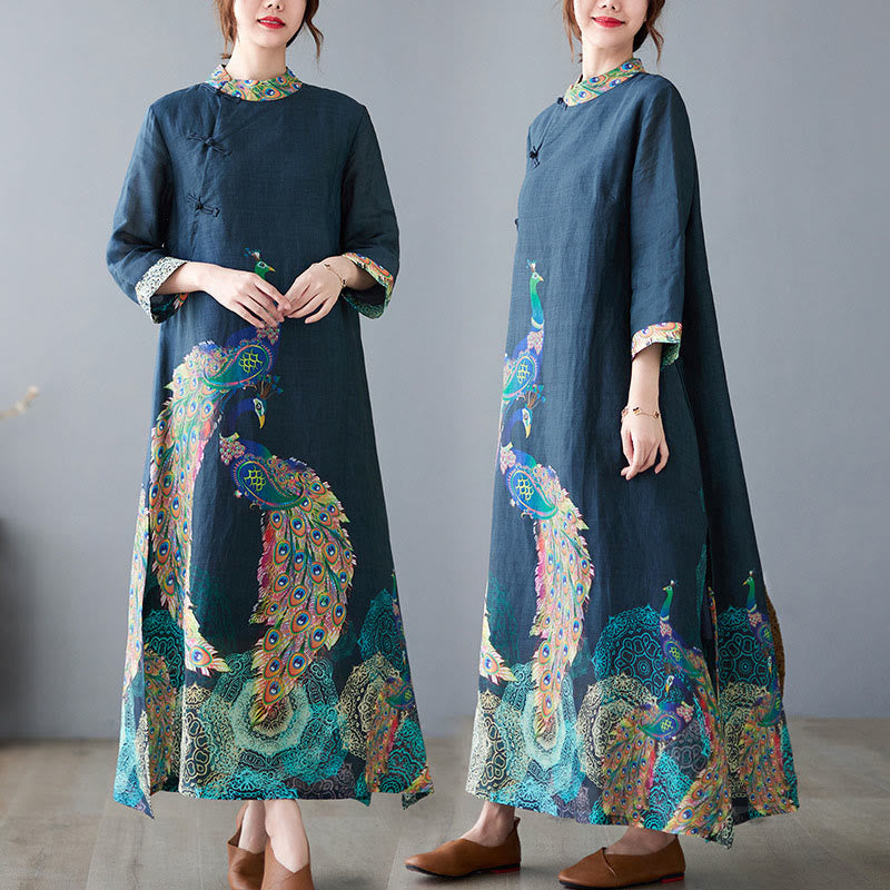 Cotton Mandala Print Stand Collar Three-Quarter Sleeve Midi Dress