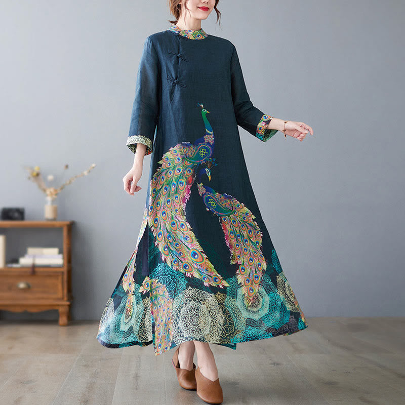 Cotton Mandala Print Stand Collar Three-Quarter Sleeve Midi Dress