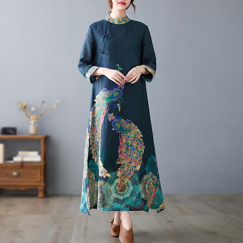 Cotton Mandala Print Stand Collar Three-Quarter Sleeve Midi Dress
