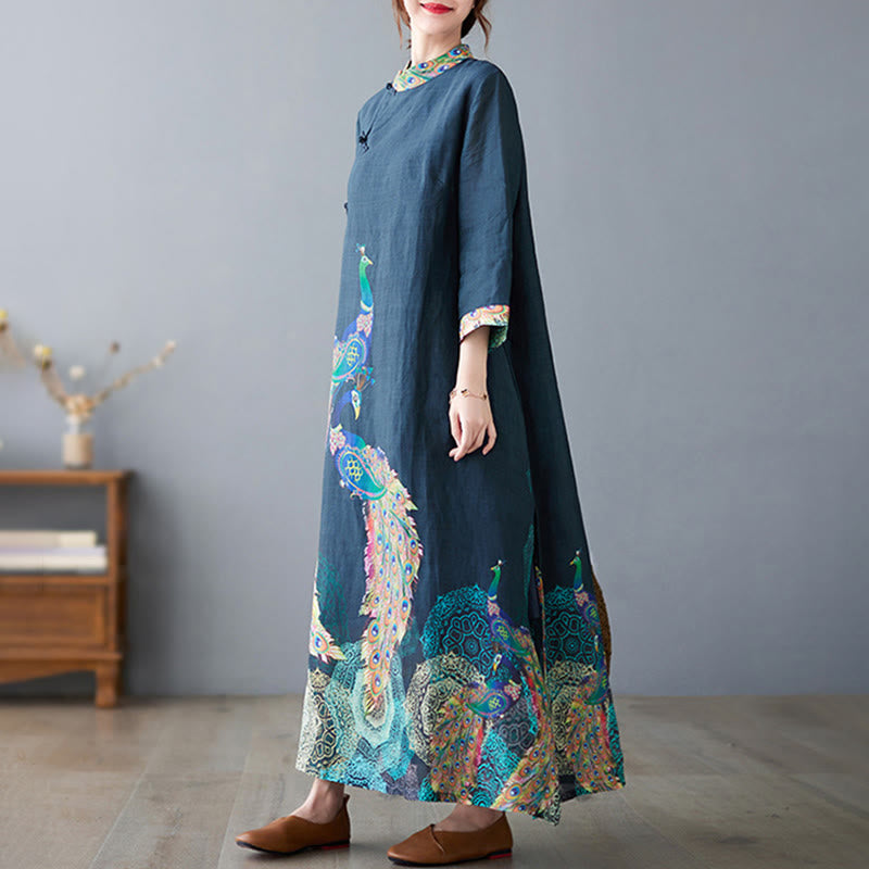 Cotton Mandala Print Stand Collar Three-Quarter Sleeve Midi Dress