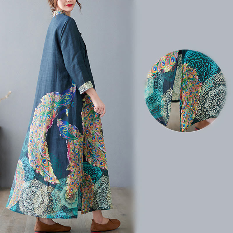 Cotton Mandala Print Stand Collar Three-Quarter Sleeve Midi Dress