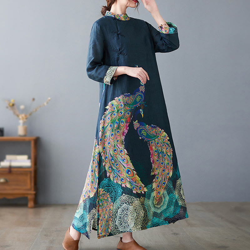 Cotton Mandala Print Stand Collar Three-Quarter Sleeve Midi Dress