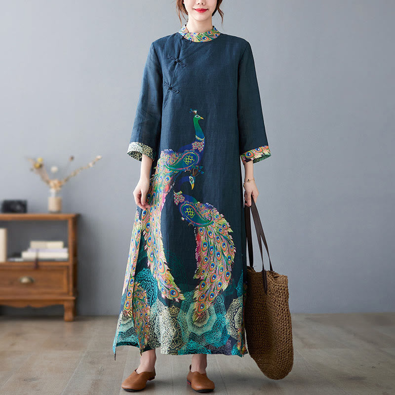 Cotton Mandala Print Stand Collar Three-Quarter Sleeve Midi Dress