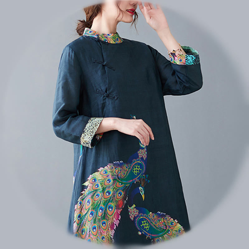 Cotton Mandala Print Stand Collar Three-Quarter Sleeve Midi Dress