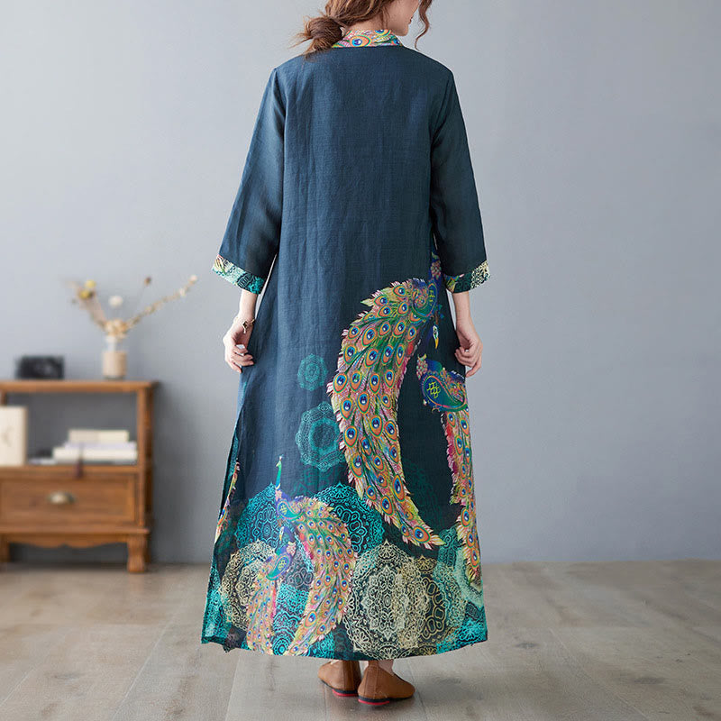 Cotton Mandala Print Stand Collar Three-Quarter Sleeve Midi Dress