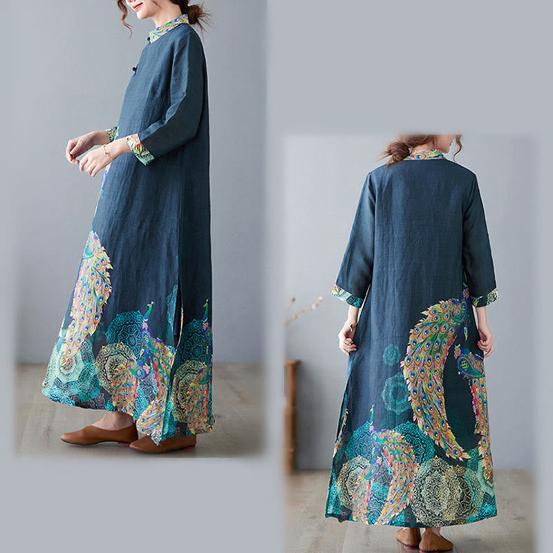 Cotton Mandala Print Stand Collar Three-Quarter Sleeve Midi Dress