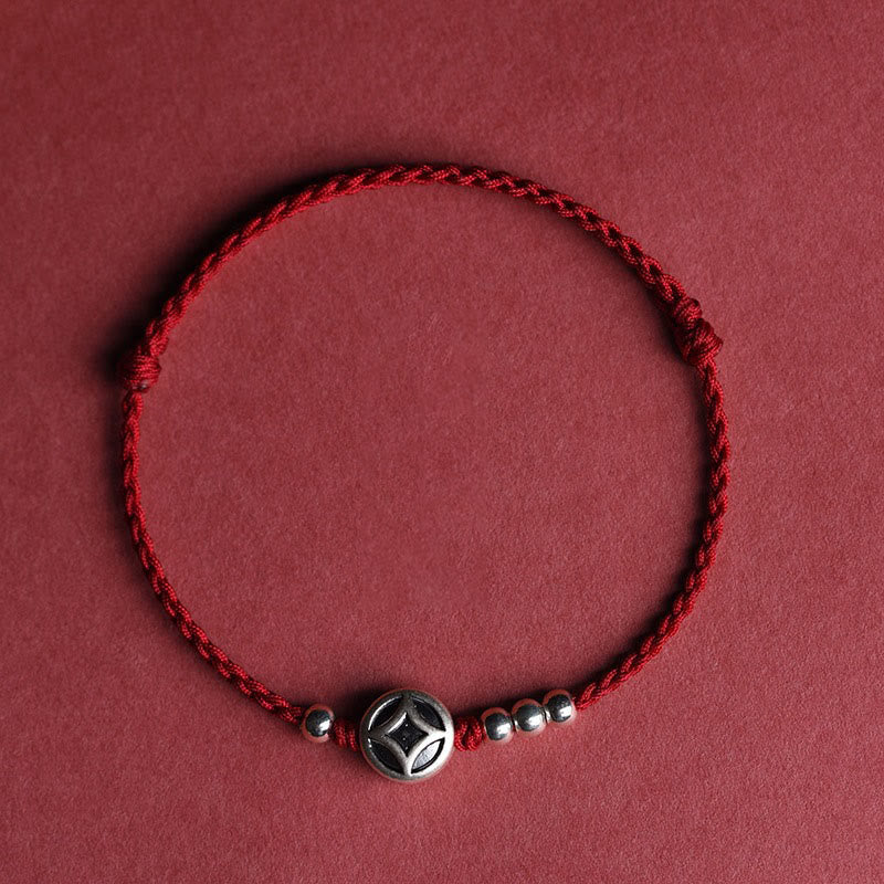 Handcrafted Red String Bracelet Anklet with 999 Fine Silver & Copper Coin Charm