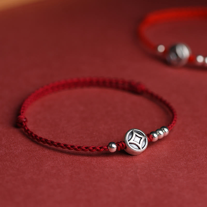 Handcrafted Red String Bracelet Anklet with 999 Fine Silver & Copper Coin Charm