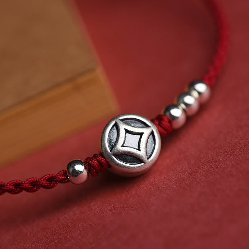 Handcrafted Red String Bracelet Anklet with 999 Fine Silver & Copper Coin Charm
