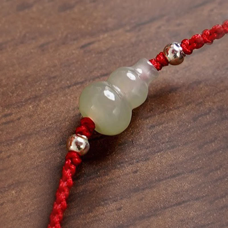 Adjustable Red String Bracelet Anklet with Hetian Jade & Wu Lou Gourd