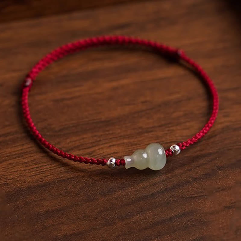 Adjustable Red String Bracelet Anklet with Hetian Jade & Wu Lou Gourd