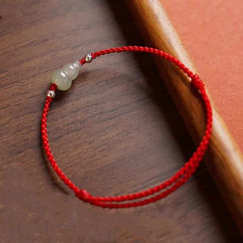Adjustable Red String Bracelet Anklet with Hetian Jade & Wu Lou Gourd