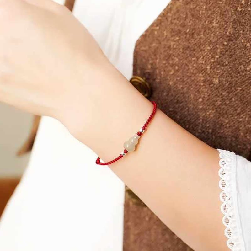 Adjustable Red String Bracelet Anklet with Hetian Jade & Wu Lou Gourd