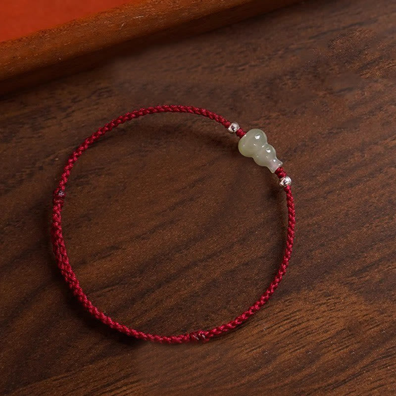Adjustable Red String Bracelet Anklet with Hetian Jade & Wu Lou Gourd
