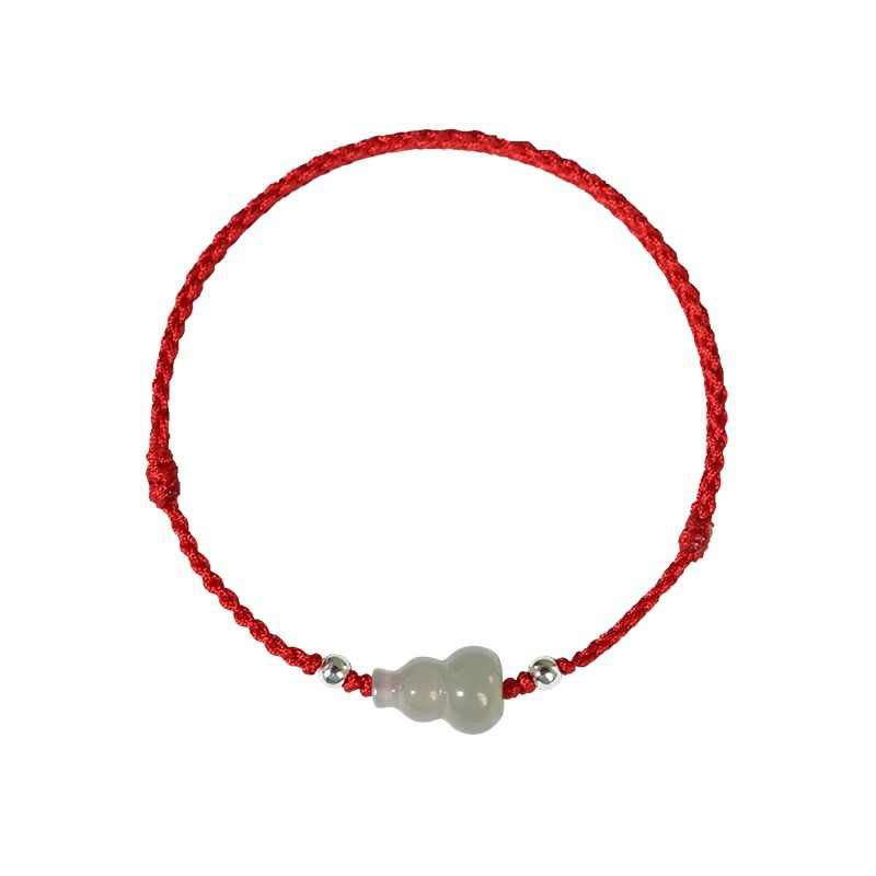 Adjustable Red String Bracelet Anklet with Hetian Jade & Wu Lou Gourd
