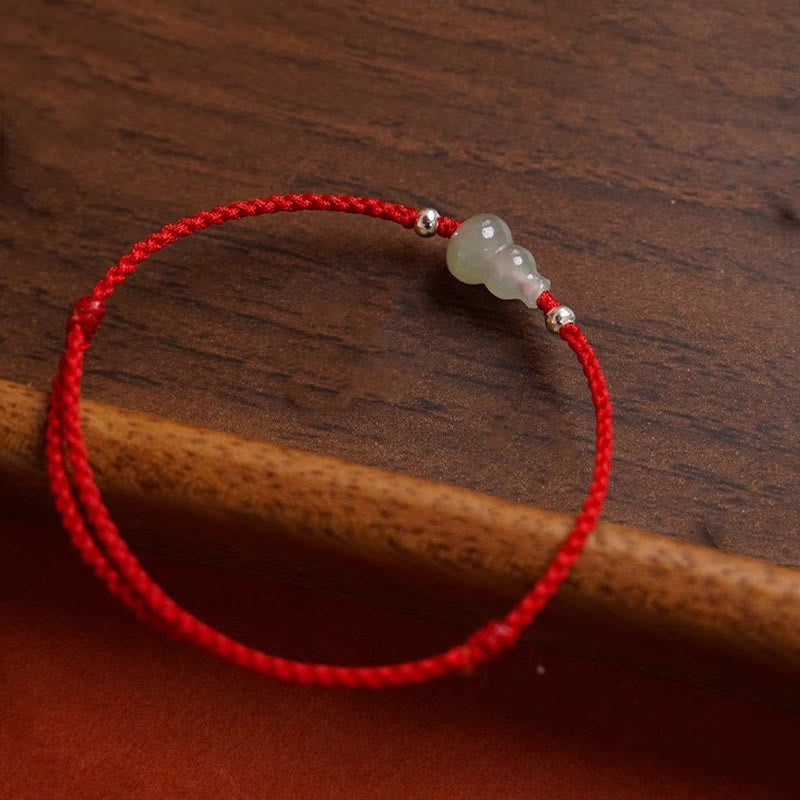 Adjustable Red String Bracelet Anklet with Hetian Jade & Wu Lou Gourd