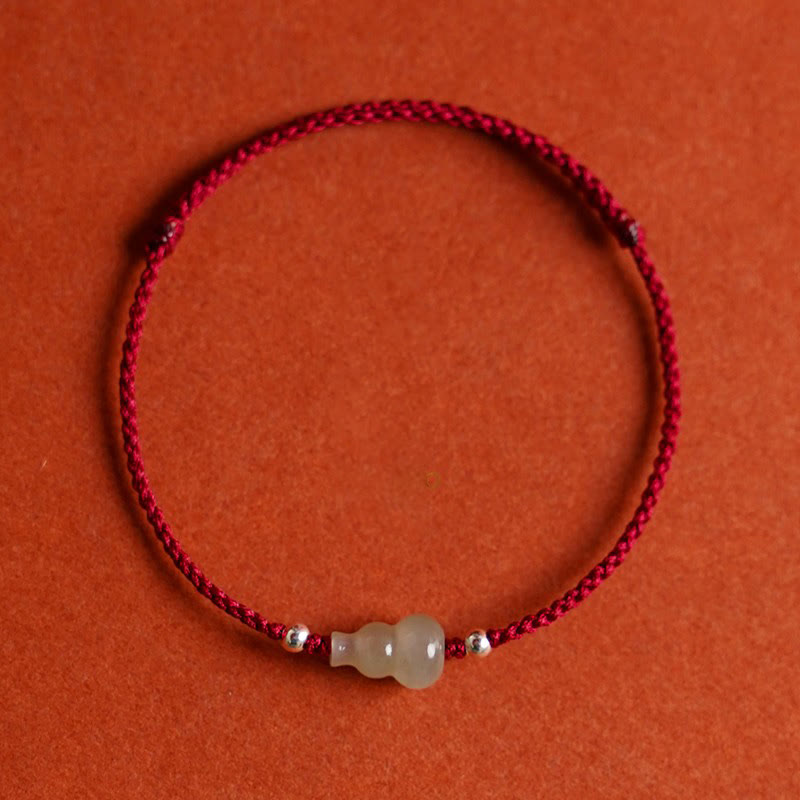 Adjustable Red String Bracelet Anklet with Hetian Jade & Wu Lou Gourd