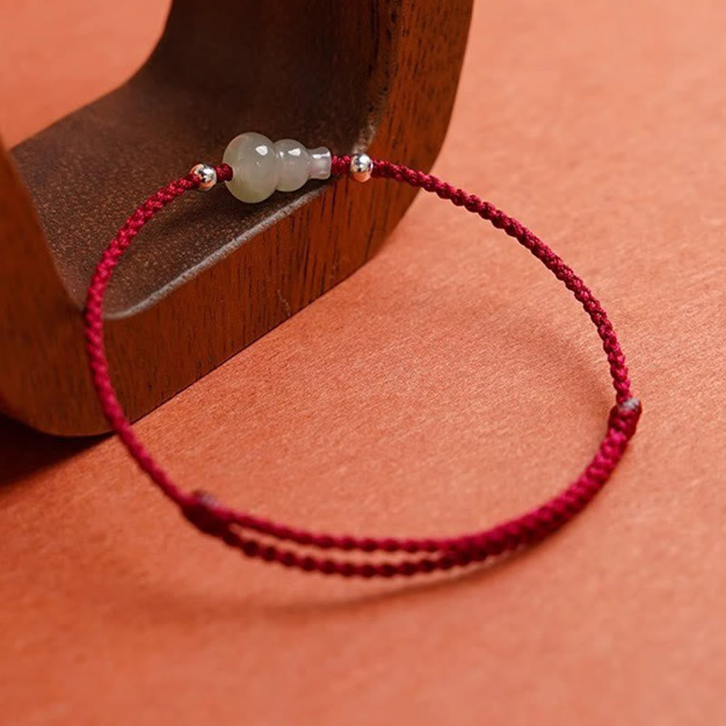 Adjustable Red String Bracelet Anklet with Hetian Jade & Wu Lou Gourd