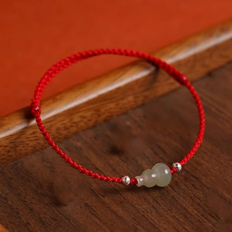 Adjustable Red String Bracelet Anklet with Hetian Jade & Wu Lou Gourd